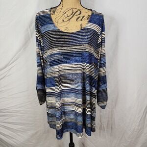 VERA ROSE Size 2X Blue Striped Ruched Sleeve Textured Stretch Knit Casual Blouse